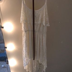 White lace high low dress with brown belt